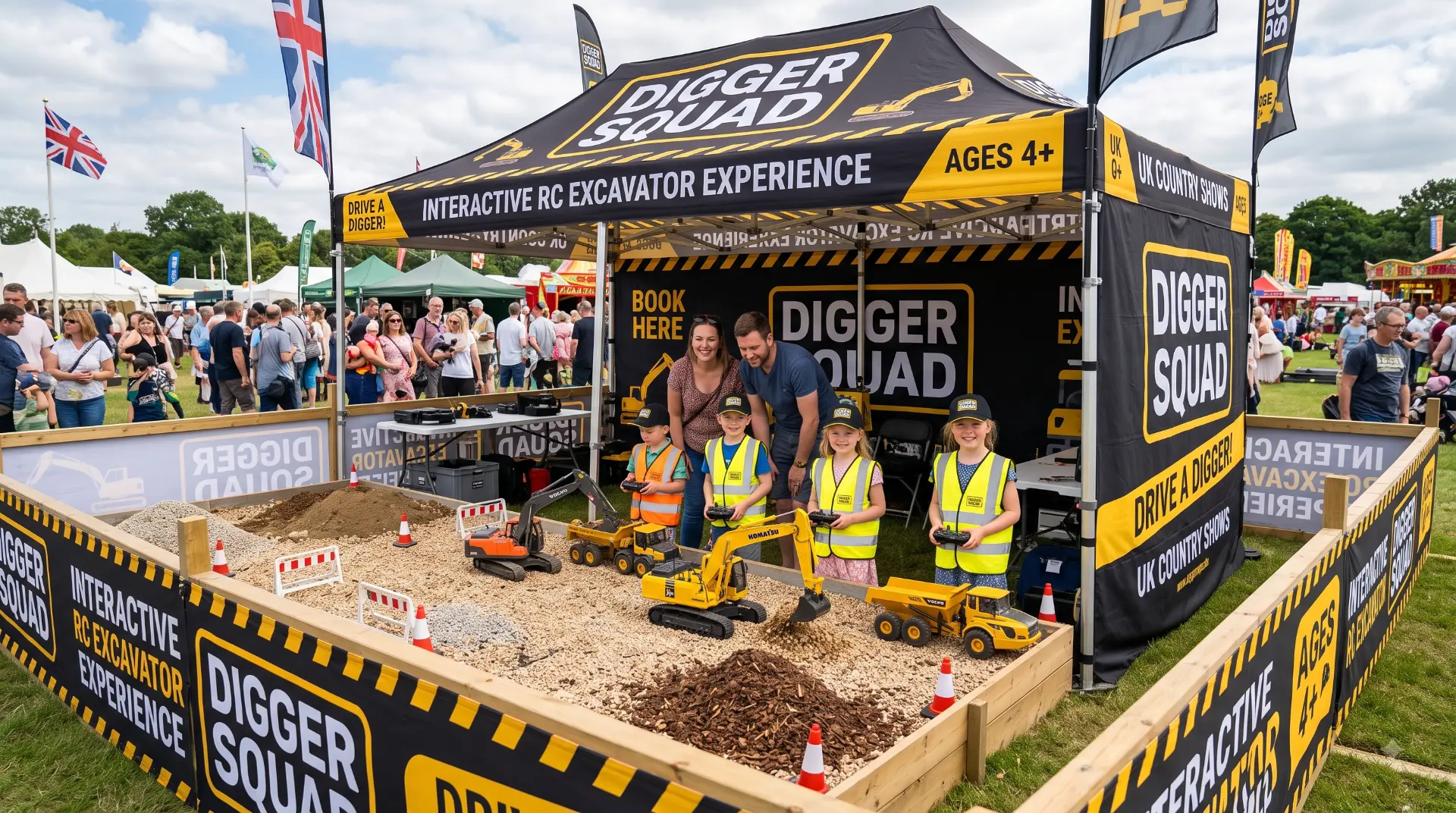 Digger Squad RC excavator arena under a branded black marquee at a UK country show