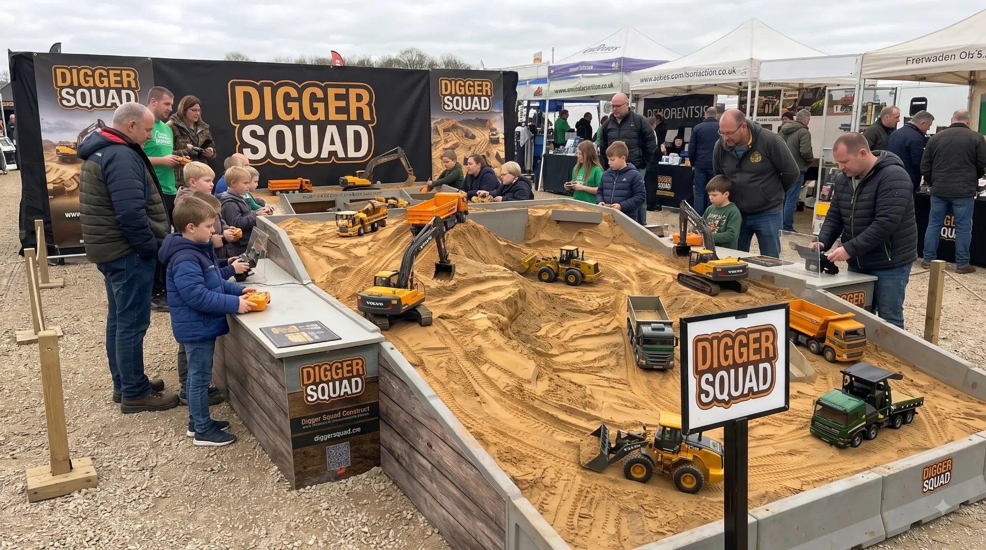 Families operating RC excavators around the Digger Squad sand arena