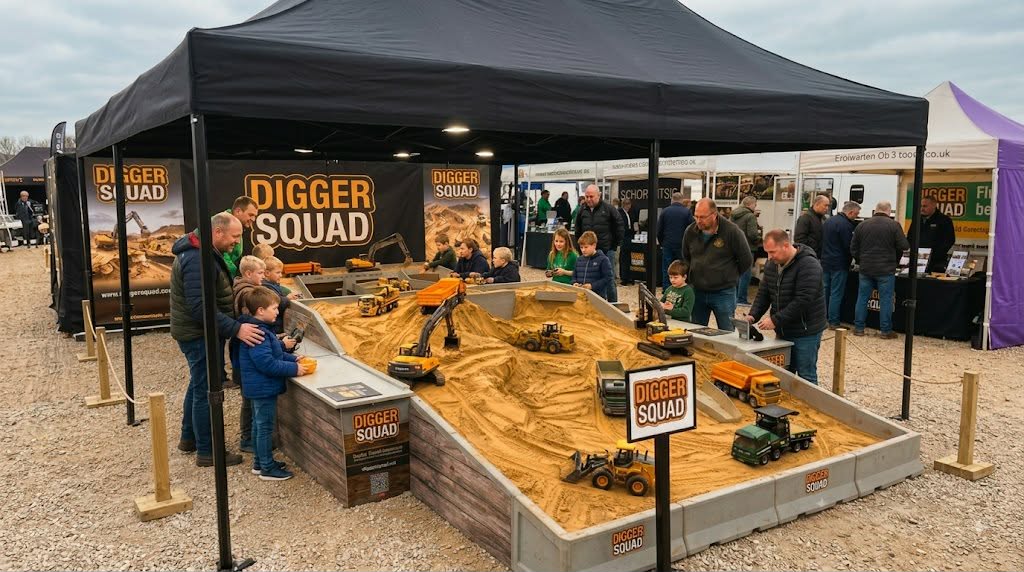 Digger Squad black gazebo marquee and sand arena set up at an outdoor UK event
