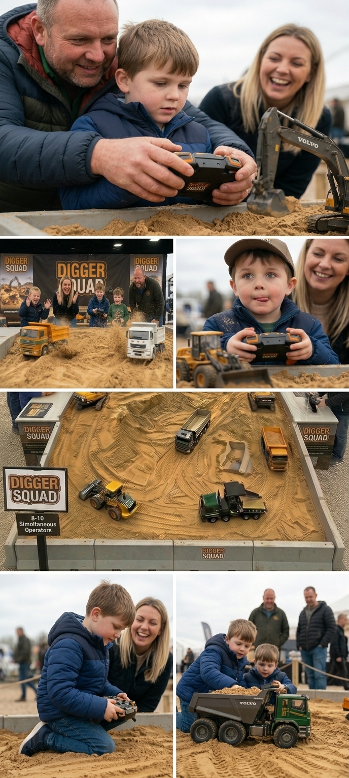 Children and adults using Digger Squad RC controllers at operator stations
