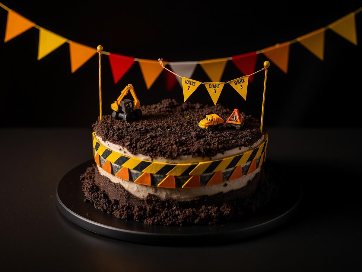 Construction-themed birthday cake with hazard stripe decoration