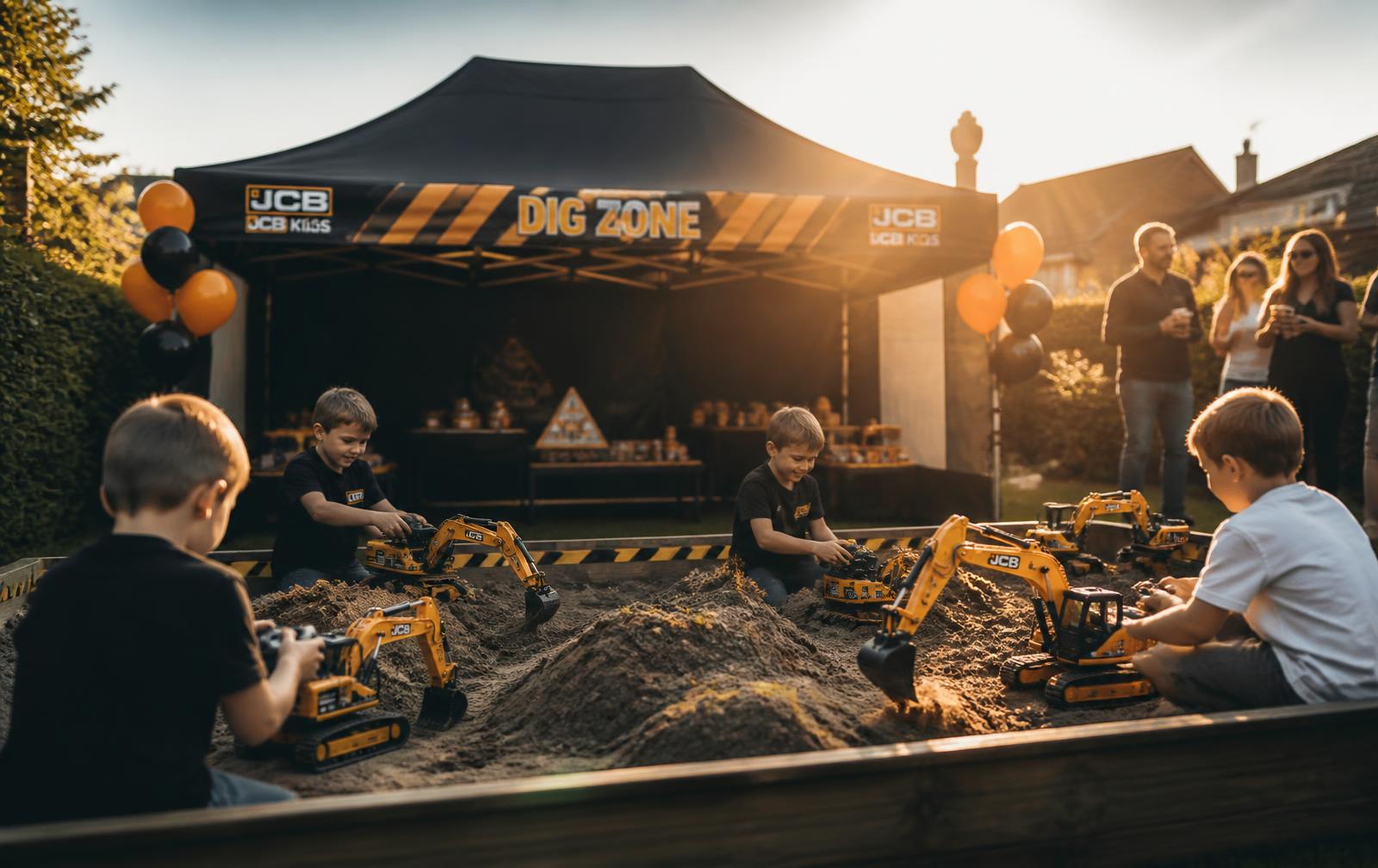 Kids operating RC excavators in a sand arena under a black Digger Squad gazebo at a garden birthday party