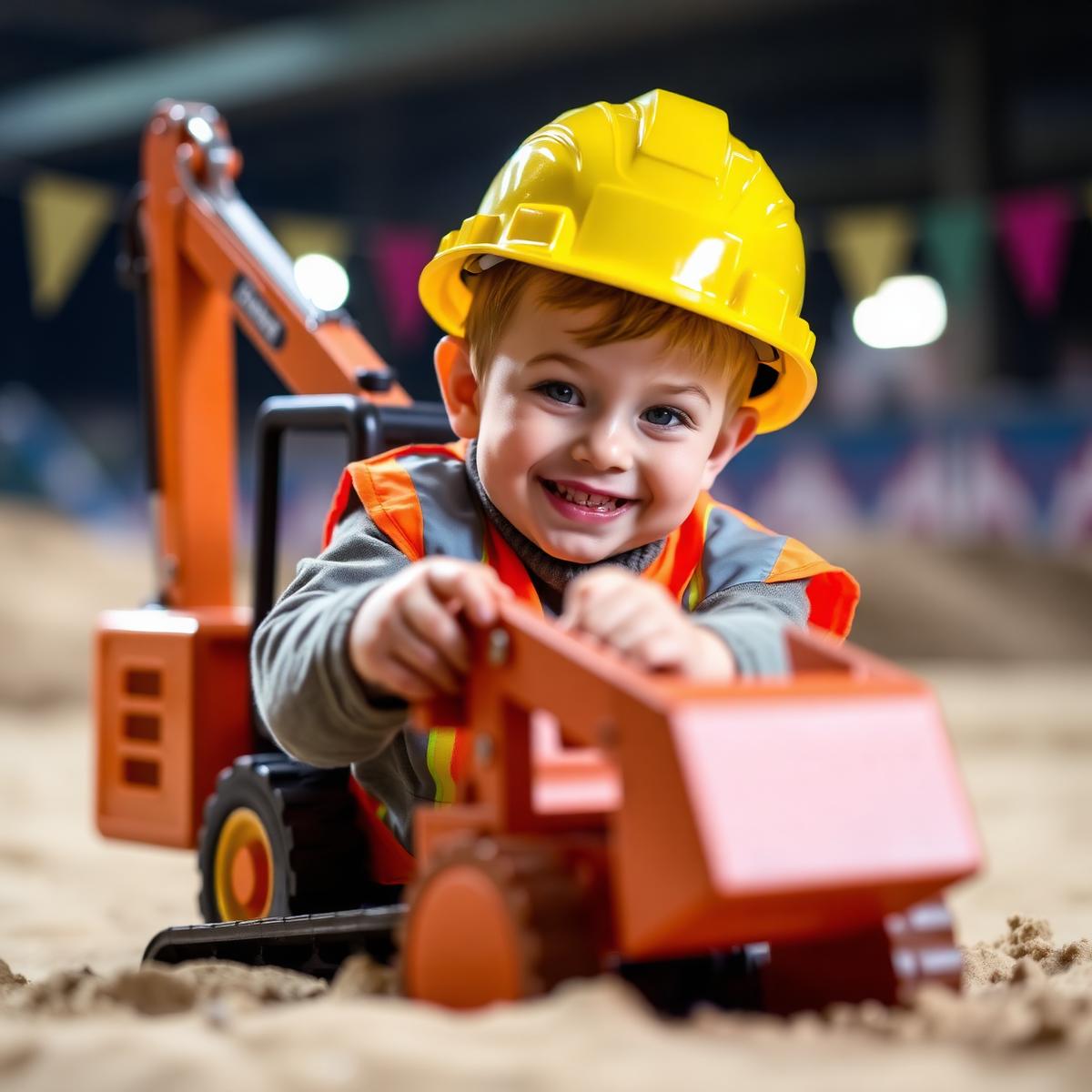 Child in a yellow hard hat operating an RC excavator