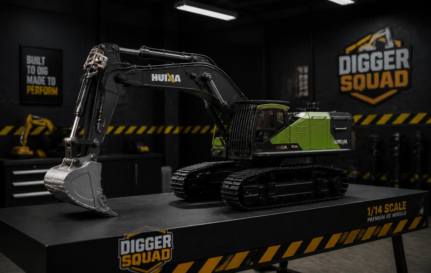 Huina 1/14 RC excavator in the Digger Squad garage